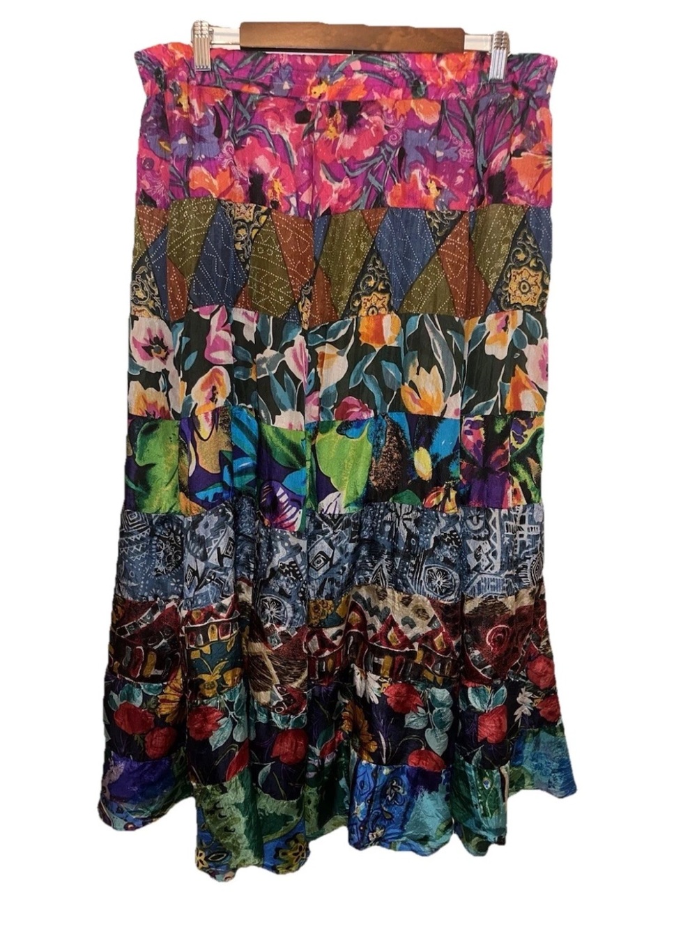 Robert Stock Silk Maxi Skirt Colorful Abstract Elastic Waist Size M EUC VTG Boho